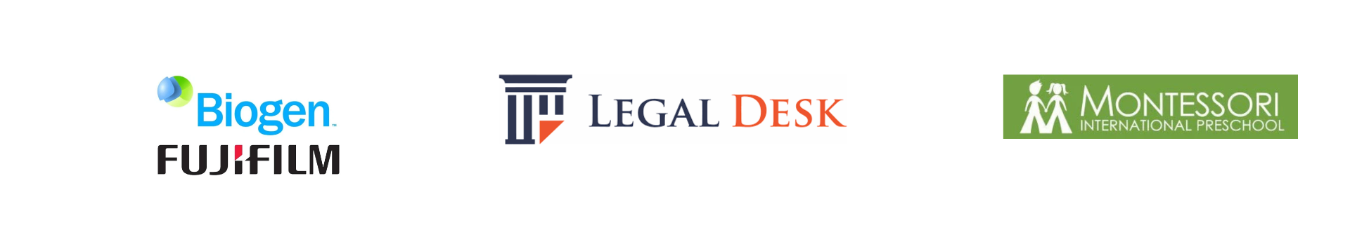 Logoer for Biogen, Fujifilm, Legal Desk og Montessori International Preschool